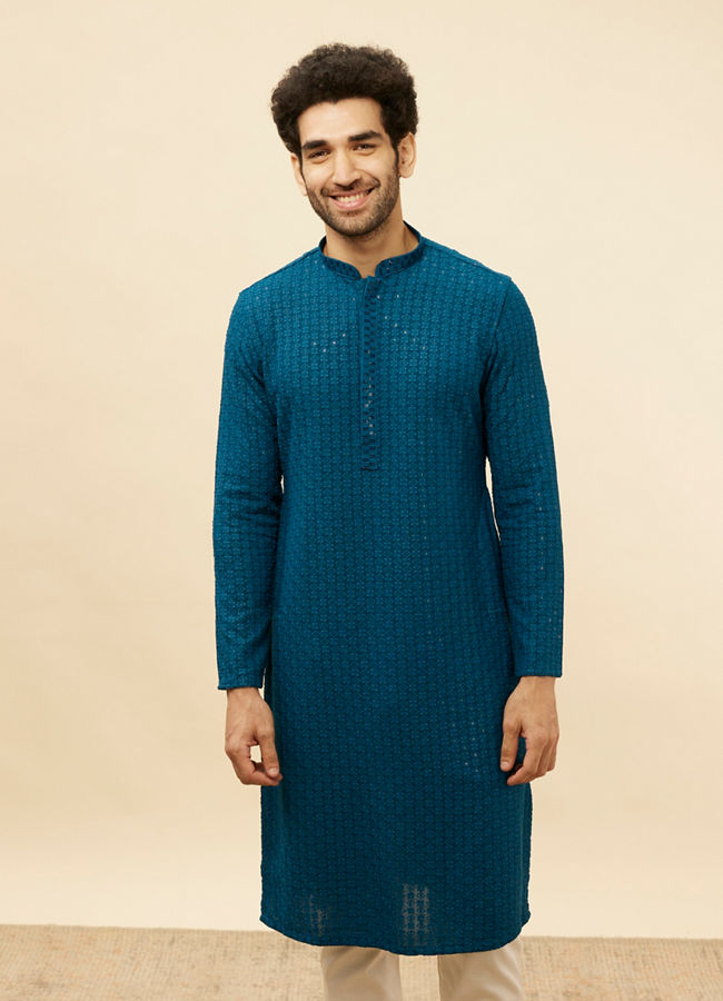 alt message - Manyavar Men Teal Blue Chikankari Embroidered Sequined Kurta Set image number 0